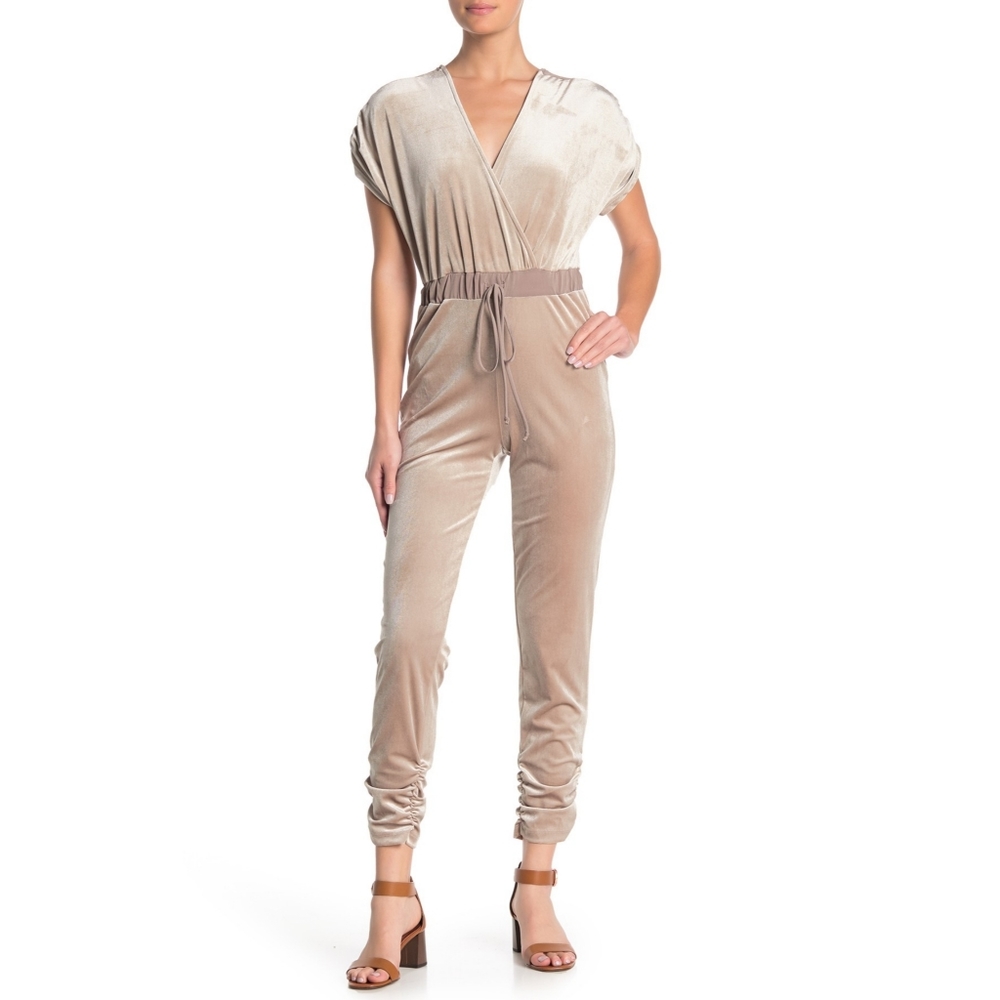 THE VANITY ROOM Shirred Shoulder Velvet Jumpsuit